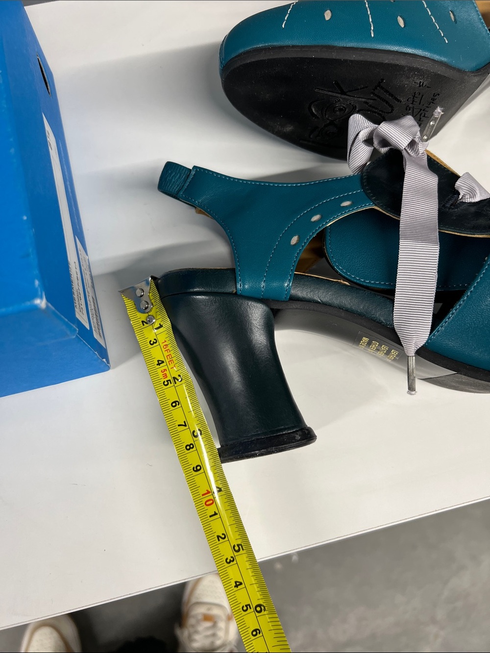 John Fluevog Teal and Black Slingback Heels with Ribbon Tie - Picture 8 of 8